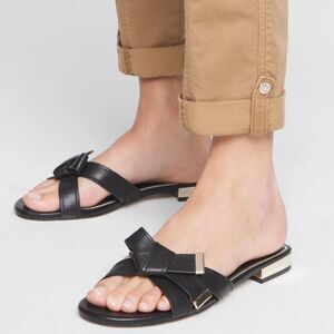 WHBM Black Gold Elegant Minimalist Small Heel Bow Sandal Flats US 8